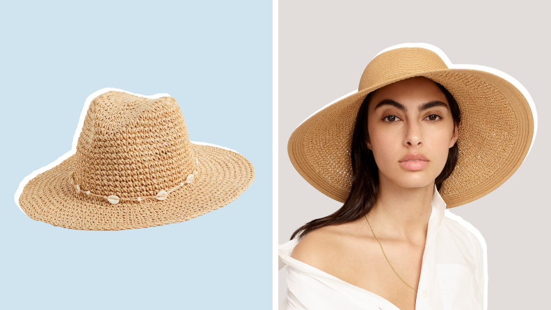 On left, straw wide-brim hat with shell accessories. On right, model wearing large wide-brim straw hat.