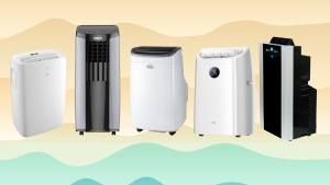 Five portable air conditioners on a blue and orange wavy background