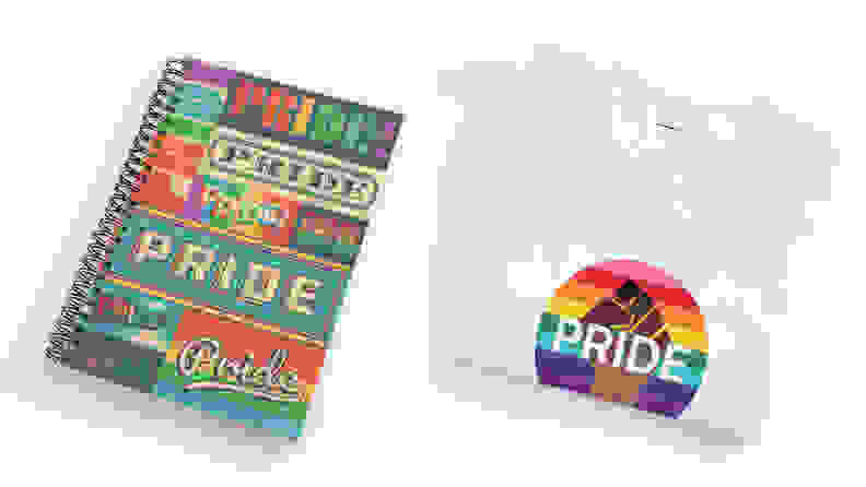 A notebook and T-shirt from the Vistaprint Pride collection for Pride Month 2021.