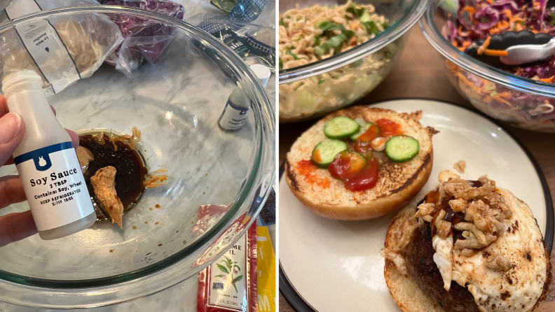 Left: a person holds a tiny bottle of soy sauce over a bowl of ingredients. Right: a burger on a plate topped with an egg and other toppings, with side dishes in the background.