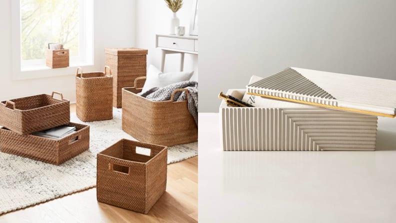 Stacks of woven baskets and a ceramic jewelry box.