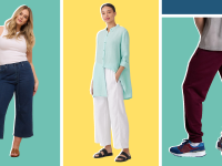 Three models displaying sensory friendly styles of clothing including pants, joggers, button downs, and tank tops.