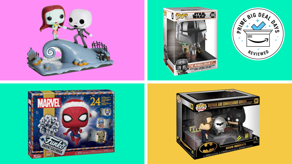 A series of Funko Pops on a colored background.