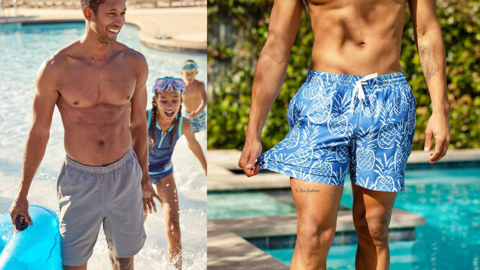At left, a smiling man wearing gray trunks holds a blue inner tube at the beach. At right, a man wearing blue patterned swim trunks stands by a pool.