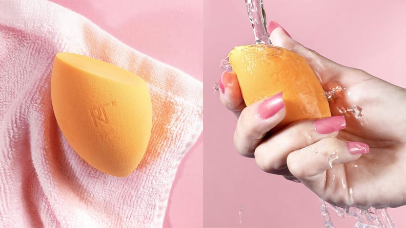 On the left: An orange makeup sponge on a towel. On the right: A person's hand running the makeup sponge under water.