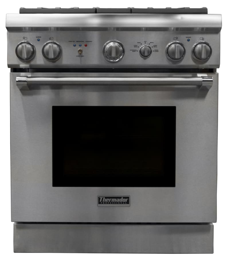 The Thermador PRD304GHU dual-fuel range straight-on