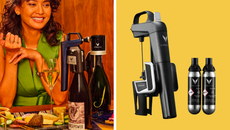 A woman smiling and looking at a Coravin Wine Preservation System, next to another Coravin Wine Preservation System on a yellow background.