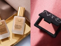 On left, two bottles of Estée Lauder foundation in different shades sitting on gold plate. On right, pink blush from Nars in front of pink background.