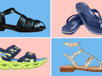 A selection of sandals for men, women, and boys on a pink and blue background.