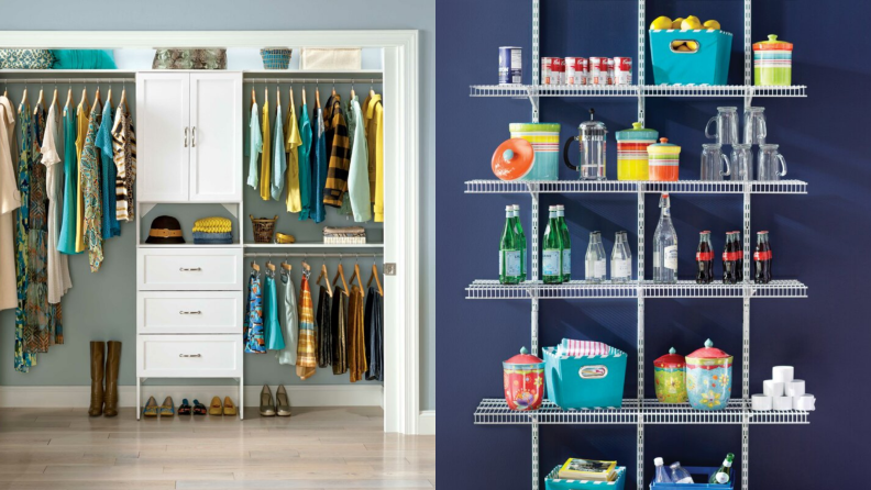 On right, well organized closet. On left, kitchen organizer stocked with pantry items.