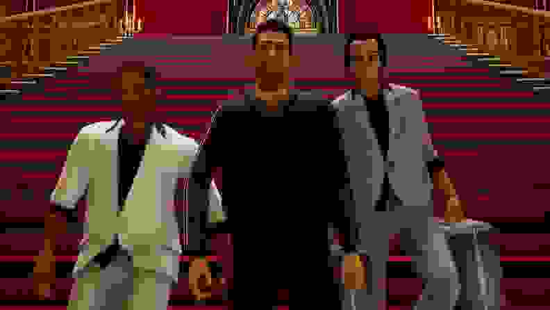 Screenshot from the video game 'Grand Theft Auto: The Trilogy - The Definitive Edition' showing off the main characters from 'Vice City.'