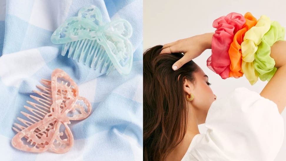 On the left: Blue and pink butterfly comb clips laying on a blue and white checkered  fabric. On the right: A woman tousles her dark brown hair while wearing colorful scrunchies on her wrist.