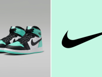 A colorful collage with Nike shoes and the Nike logo.