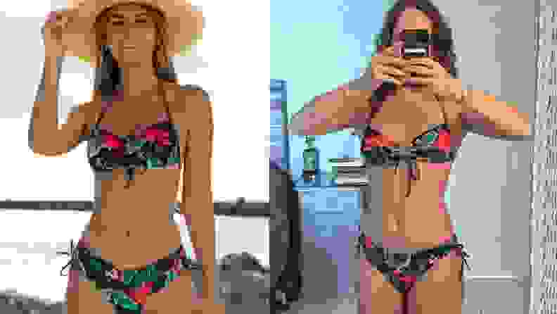 Two women wearing the same tropical print bikini
