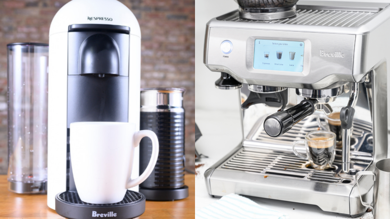 Our favorite single serve pod coffee maker and our favorite espresso machine the Breville Barista Touch.