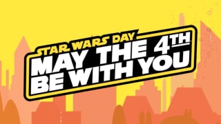 "May the Fourth Be With You" against orange city background