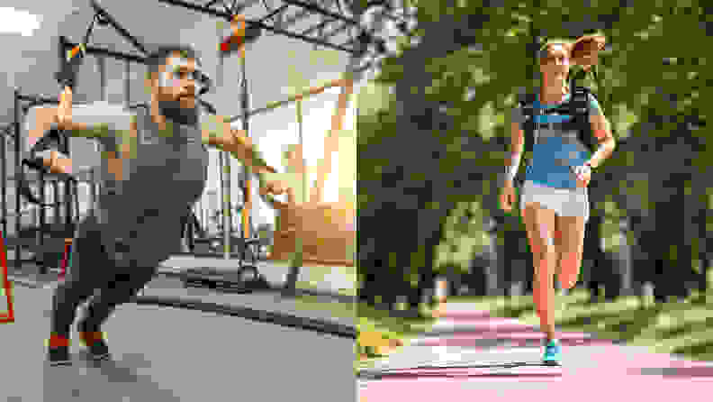 A man using a weighted vest at the gym and a woman wearing a weighted vest while running.