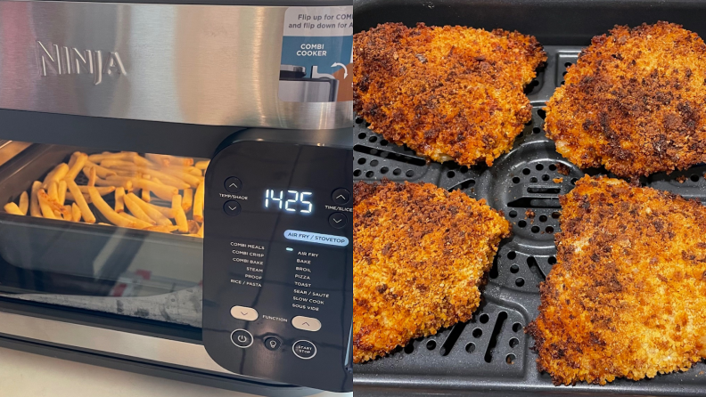 French fries and fried chicken breasts both being cooked inside of the Ninja Combi Multicooker.