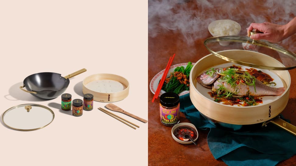 Left: Our Place Wok set laid out on a beige background. Right: hand removing the lid on a bamboo steamer filled with fish