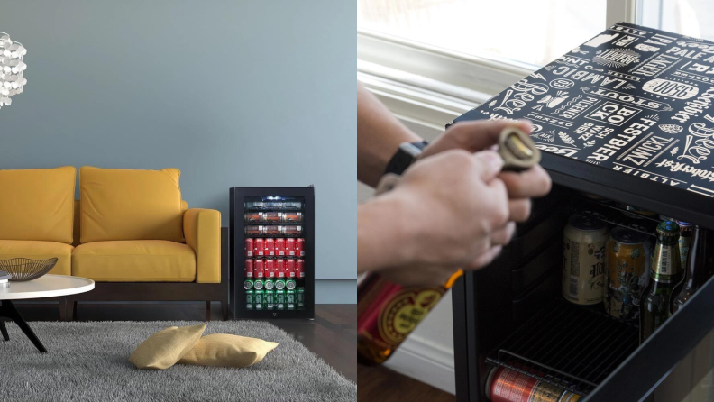 A freestanding beverage fridge sits next to a couch.