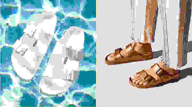 Left: white rubber Birkenstocks floating on water. Right: person wearing brown rubber sandals on sand.