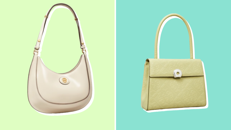 Two Tory Burch purses against light green and turquoise backgrounds.