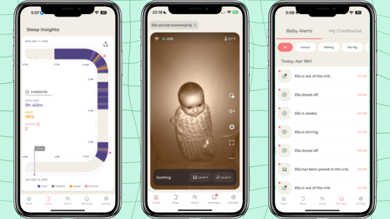 Three screenshots of the Cradlewise app.