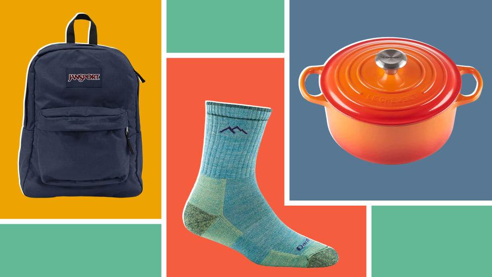 Darn Tough Socks, Jansports backpack, and Le Creuset on a colored background