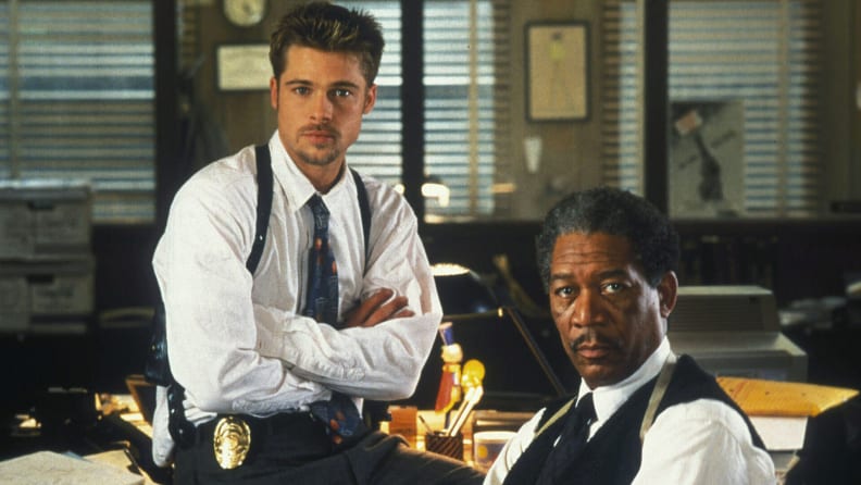Brad Pitt and Morgan Freeman in a scene from "Seven," one of the best thrillers streaming now.