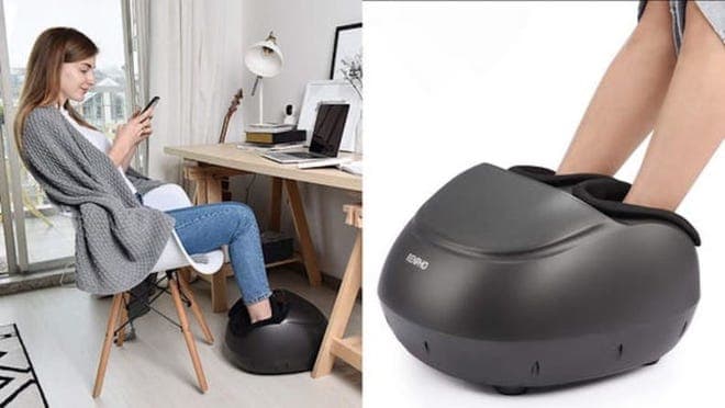 On left, person sitting at desk on smart phone with feet in foot massager. On left, person with feet in foot massager.