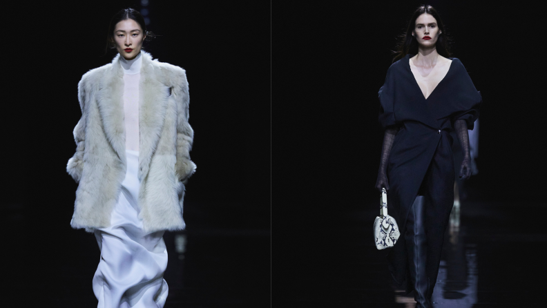 Portraits of two models walking down the runway at the Khaite fall/winter '24 runway show.