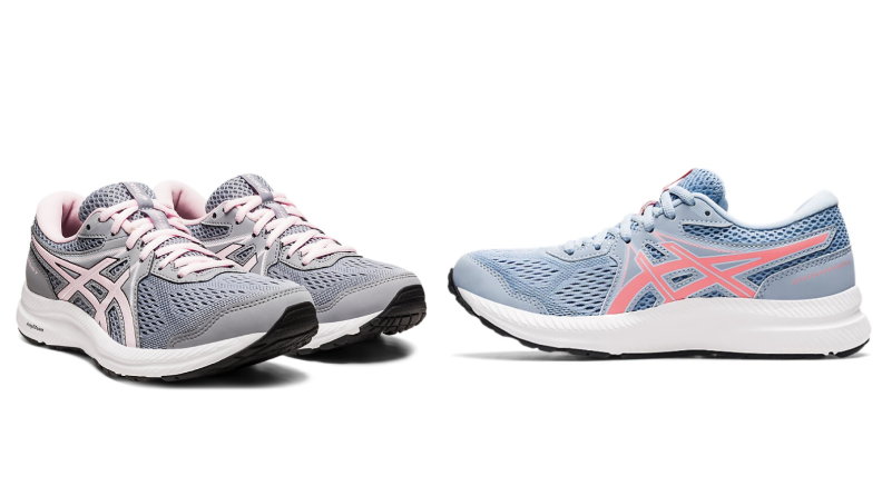 On left, gray and pink pair of sneakers  in front of white background. On right, blue and pink pair of sneakers  in front of white background.