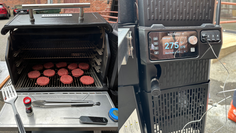 Left: 12 burgers arranged inside the Masterbuilt Grill Right: Masterbuilt control panel with probe plugged in