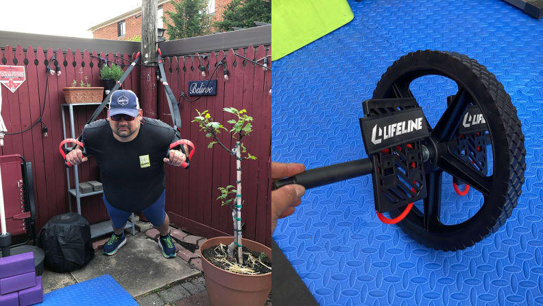 Right: Man using suspension trainer. Left: Power wheel core trainer.t