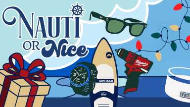Blue stylized ocean background with "Nauti or Nice" in flowy font next to a gift box, watch, surf board, sunglasses, drill, and christmas lights