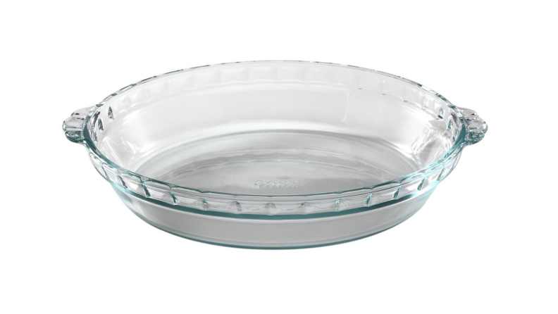 An image of a clear Pyrex pie pan on a white background.