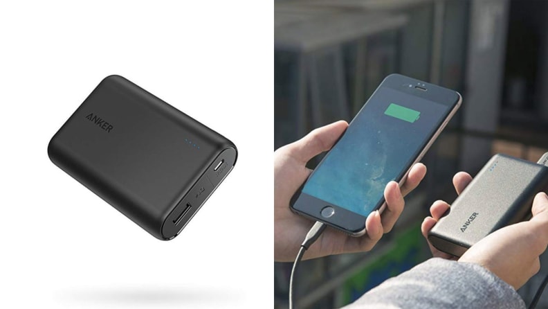 A portable phone charger charges a mobile phone.
