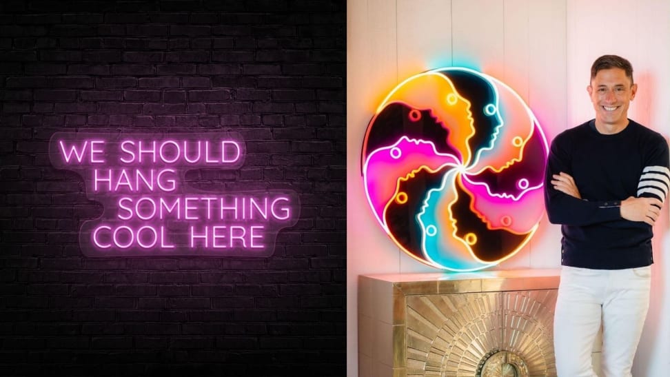 Left: 'We Should Hang Something Cool Here' pink neon sign; Right: Jonathan Adler standing beside large circular LED sign