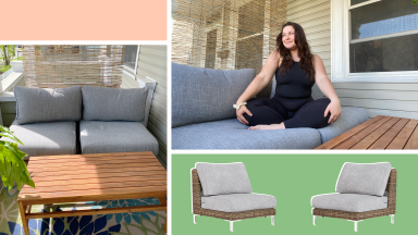 A woman sitting on Outer Furniture outside, with photos of Outer Furniture side-by-side, with green and peach backgrounds.