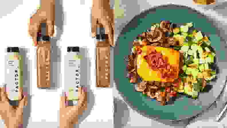 Left: four hands holding Factor bottles with shakes. Right: plated dish with meat and vegetables