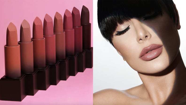 On the left: A line of bullet lipsticks next to each other. On the right: A person closing their eyes with a light shining on them while wearing one of the lipsticks.