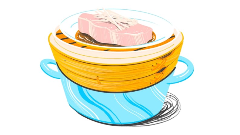 An illustration of a steamer basket topped with fish on a plate sits uncovered on a pot of steaming water on the stove.