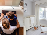 (Left) A parent works from home with a young child sitting on their lap at a desk. (Right) A white, minimalist nursery.