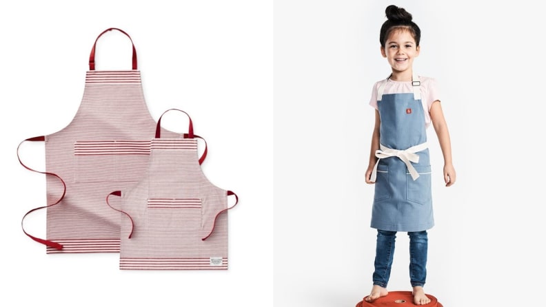 On the left, a red-and-pink Williams-Sonoma apron features stripes around the neckline, waist, and pockets. Right: A young child models a blue-and-white apron.