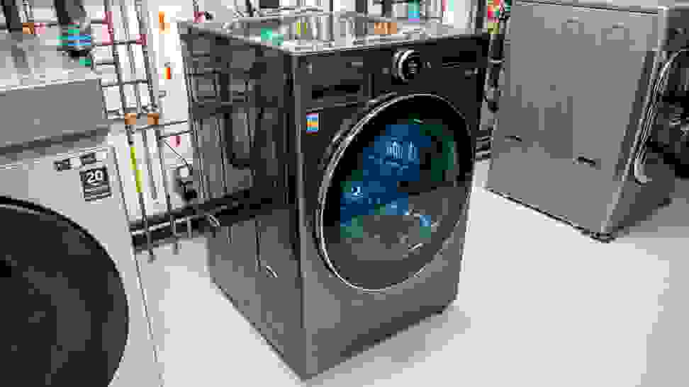 An LG front-load washer sitting in our testing lab.
