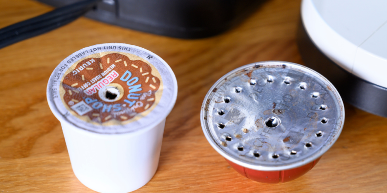 K-Cup (left) and Nespresso capsule (right) use different technology to brew coffee.