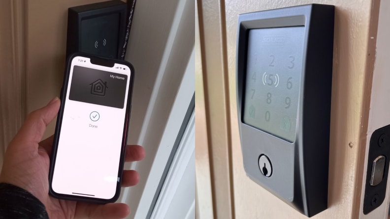The Schlage Encode Plus Smart Wi-Fi Deadbolt hangs on a front door and a person uses their phone to unlock the front door