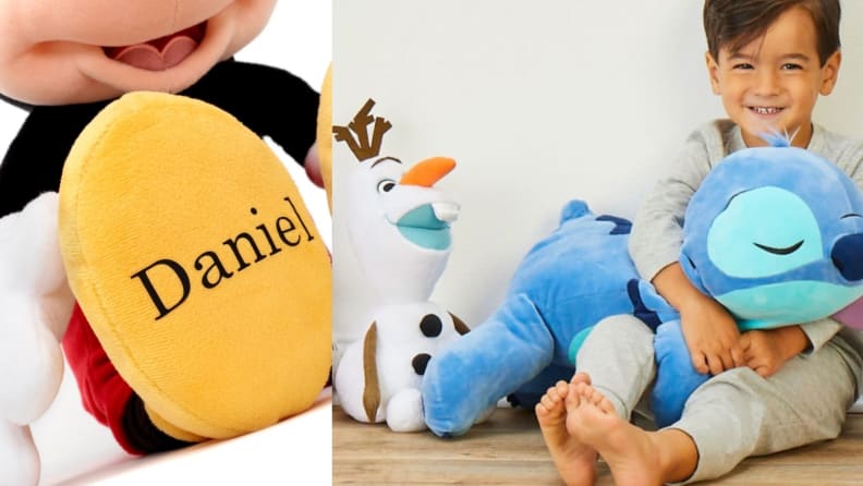 A Mickey Mouse plush toy with the name Daniel on the foot. A little boy cuddling up with a bunch of stuffed characters.