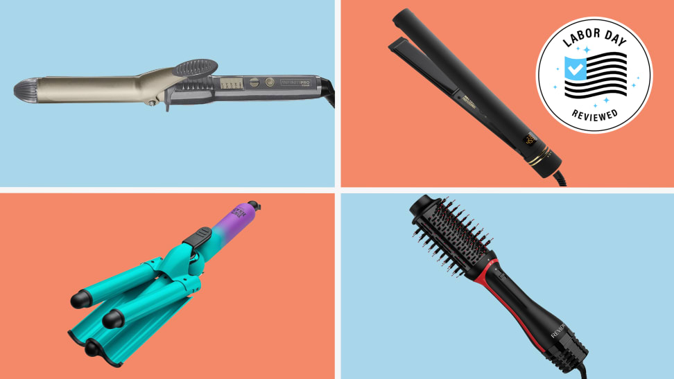 A curling iron, flat iron, hair waver, and hair dryer brush in a four-part collage.