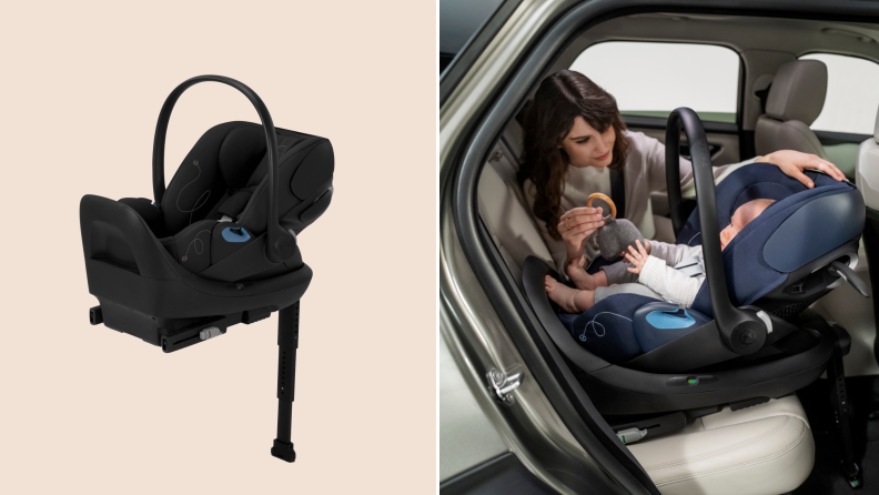 Split image of a product image of the Cybex Cloud G Lux infant car seat and a photo of a mother securing her child in one.